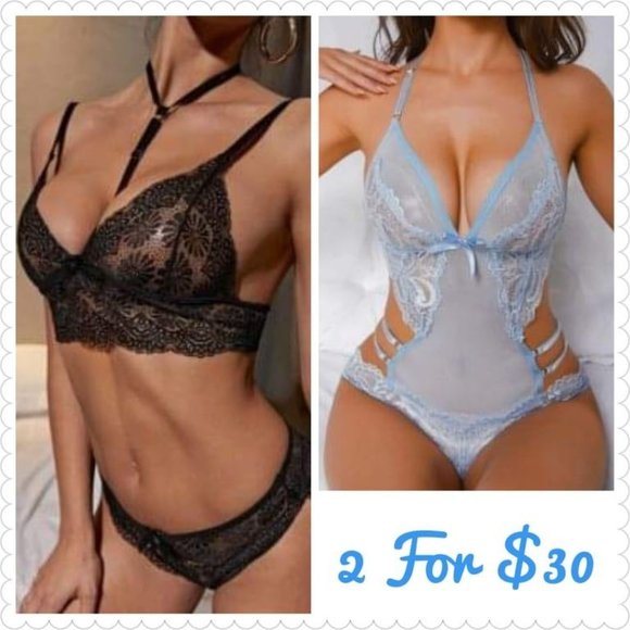 The Sinful Closet Other - NEW SALE - Size Medium - Black Lace Choker Bra and Panty Set and Blue Lace Teddy